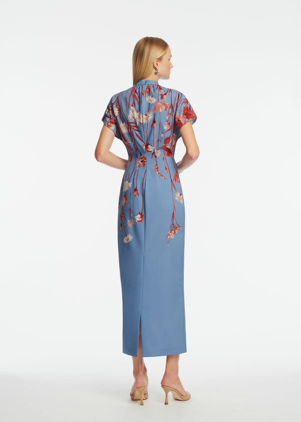 Lela Rose Floral Crepe Stella Dress Cornflower Multi