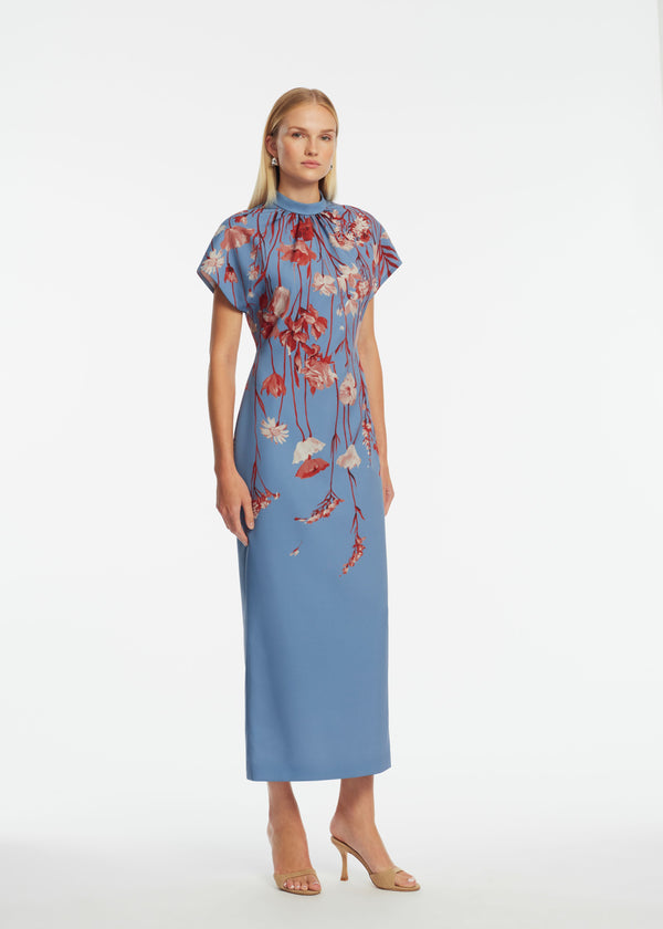 Lela Rose Floral Crepe Stella Dress Cornflower Multi