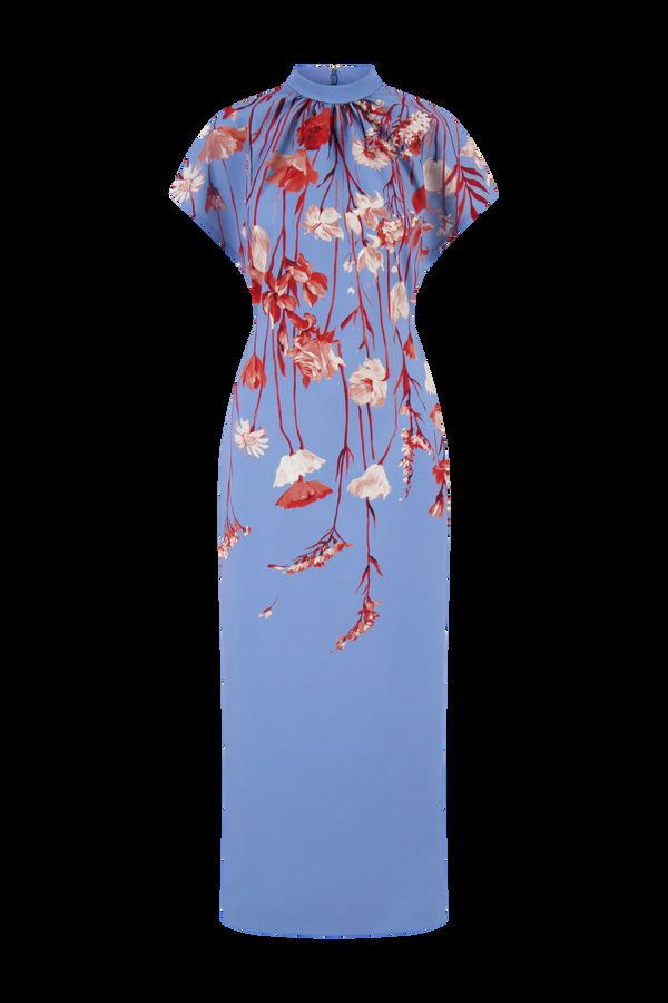 Lela Rose Floral Crepe Stella Dress Cornflower Multi