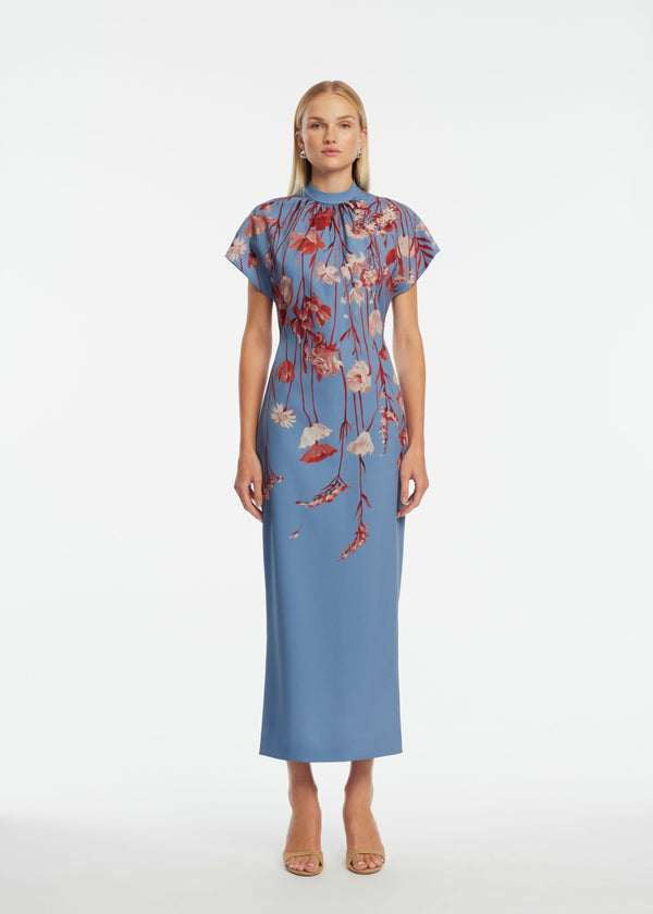 lela rose Floral Crepe Stella Dress Cornflower Multi