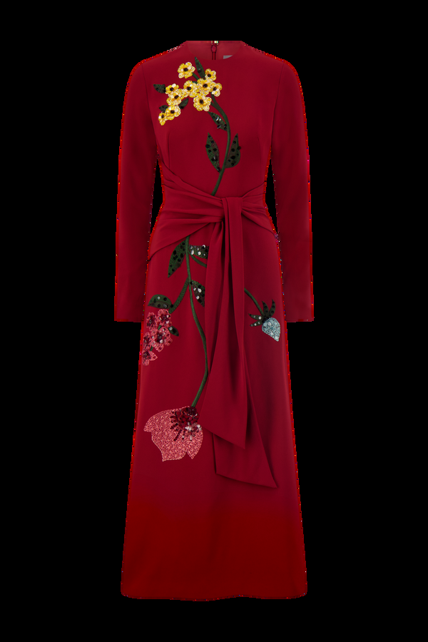 Lela Rose Floral Embroidery Long Sleeve Tie Waist Dress Wine