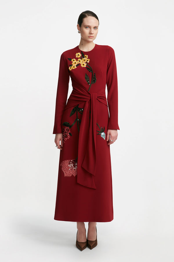 lela rose Floral Embroidery Long Sleeve Tie Waist Dress Wine