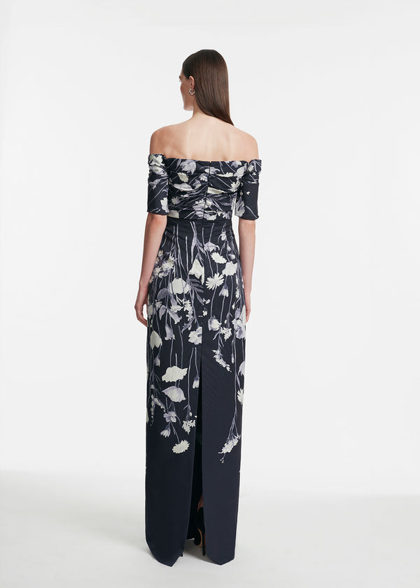Lela Rose Floral Faille Cuff Sleeve Gown Navy Multi