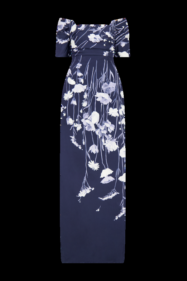 Lela Rose Floral Faille Cuff Sleeve Gown Navy Multi