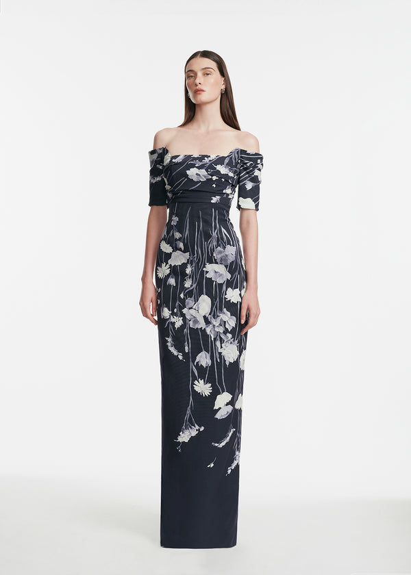 lela rose Floral Faille Cuff Sleeve Gown Navy Multi