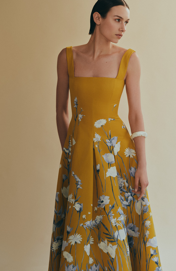 Lela Rose Floral Faille Square Neck Full Dress Ochre Multi
