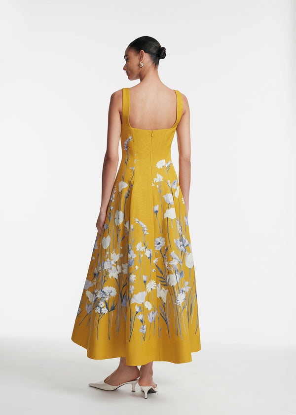 Lela Rose Floral Faille Square Neck Full Dress Ochre Multi