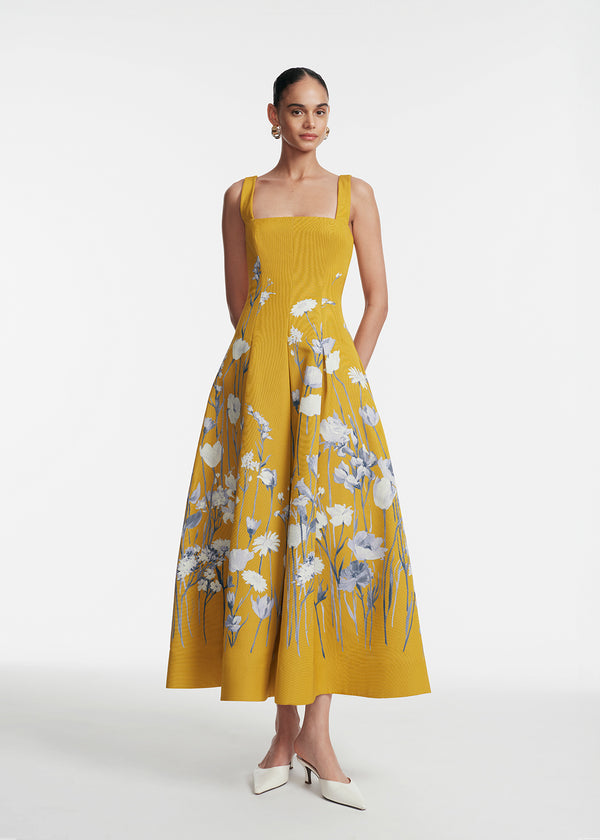 lela rose Floral Faille Square Neck Full Dress Ochre Multi