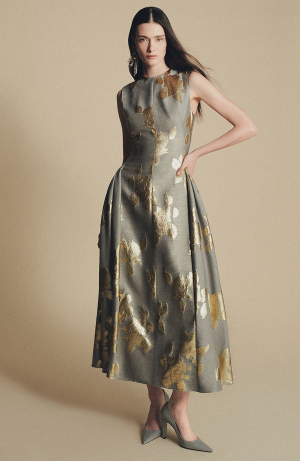 Lela Rose Floral Fil Coupe Sleeveless A Line Dress Gold/Grey