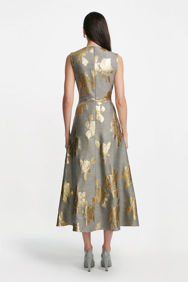 Lela Rose Floral Fil Coupe Sleeveless A Line Dress Gold/Grey