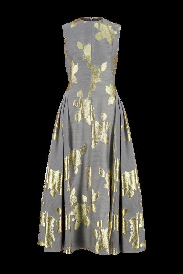 Lela Rose Floral Fil Coupe Sleeveless A Line Dress Gold/Grey