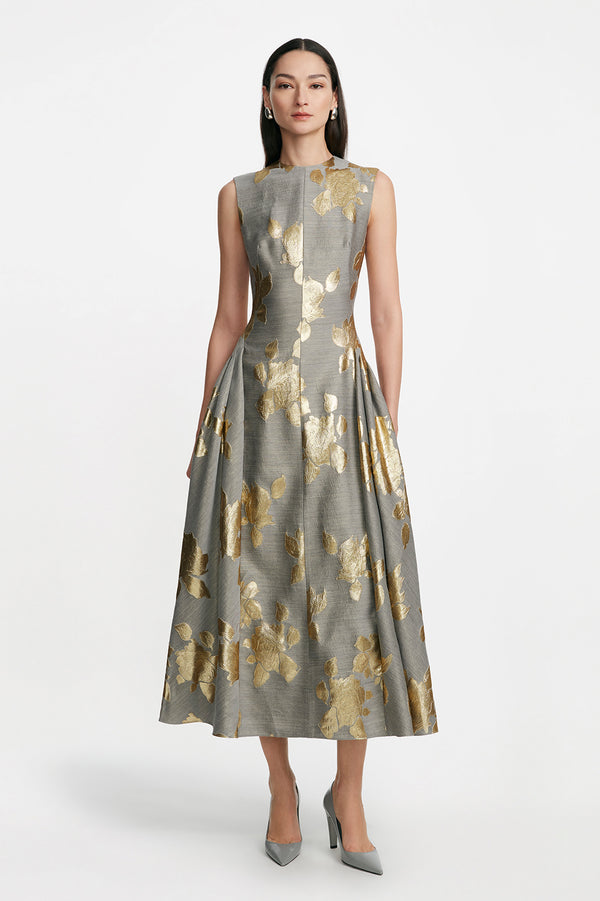lela rose Floral Fil Coupe Sleeveless A Line Dress Gold/Grey