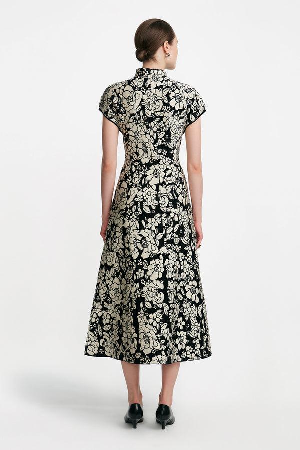 Lela Rose Floral Jacquard Knit Mock Neck Dress Black/Ivory