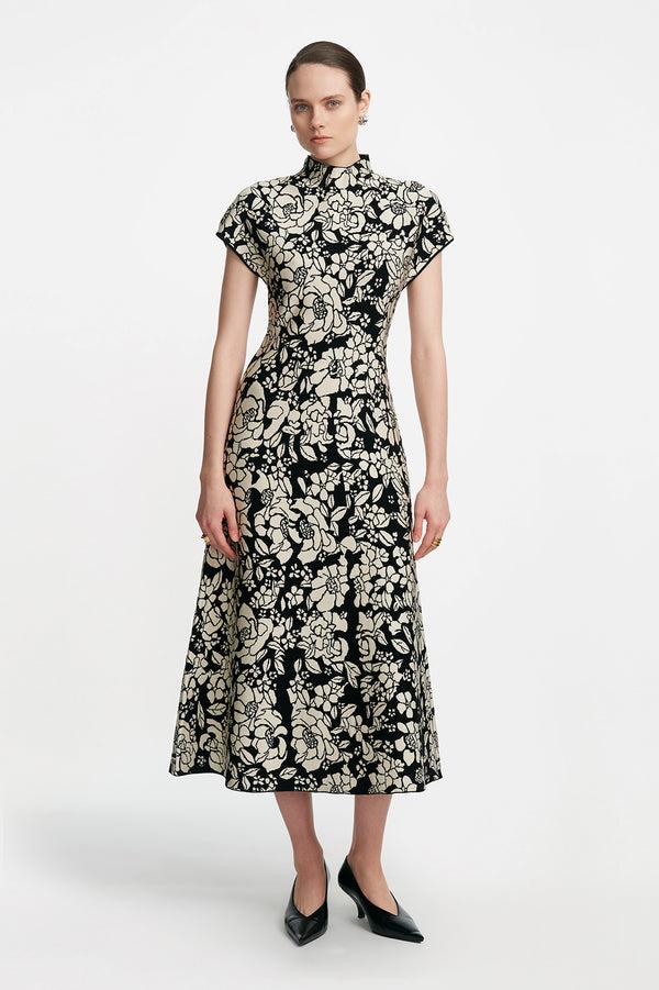 lela rose Floral Jacquard Knit Mock Neck Dress Black/Ivory