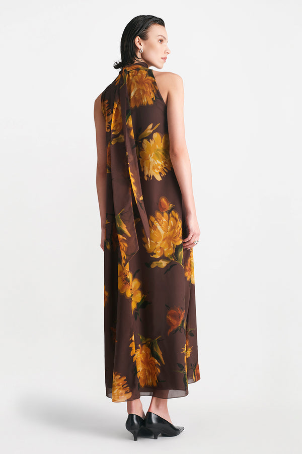 Lela Rose Floral Printed Chiffon Sleeveless Tie Neck Maxi Dress Chocolate Multi