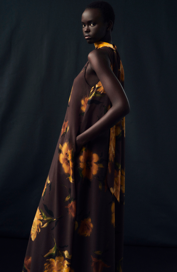 Lela Rose Floral Printed Chiffon Sleeveless Tie Neck Maxi Dress Chocolate Multi