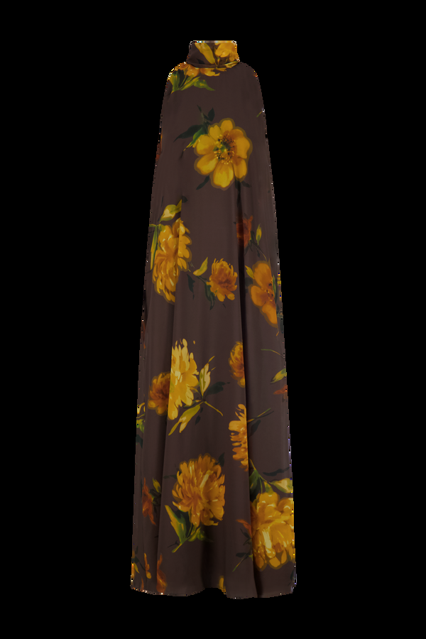 Lela Rose Floral Printed Chiffon Sleeveless Tie Neck Maxi Dress Chocolate Multi