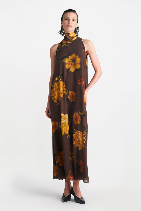 lela rose Floral Printed Chiffon Sleeveless Tie Neck Maxi Dress Chocolate Multi