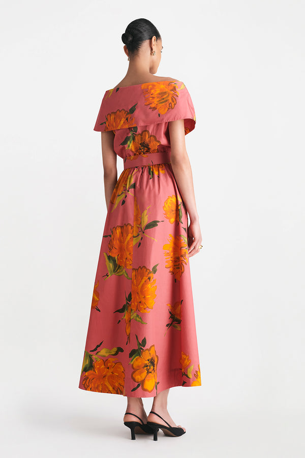 Lela Rose Floral Printed Cotton Asymmetrical Button Front Cuff Dress Berry Multi