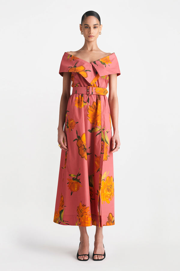 lela rose Floral Printed Cotton Asymmetrical Button Front Cuff Dress Berry Multi