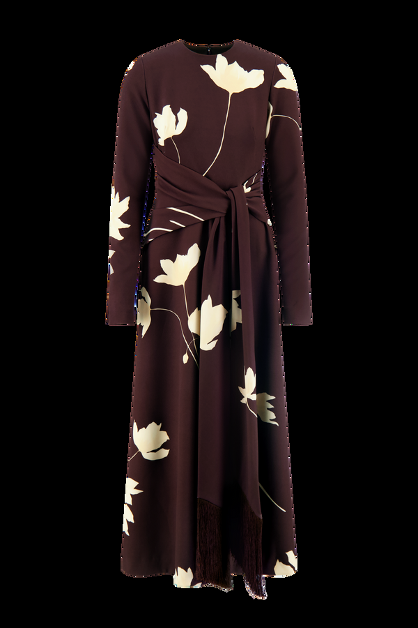Lela Rose Floral Printed Crepe Long Sleeve Tie Waist Dress Cocoa/Sunlight