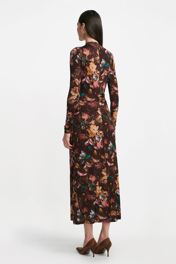 Lela Rose Floral Printed Jersey Long Sleeve Draped Front Dress Brown Multi