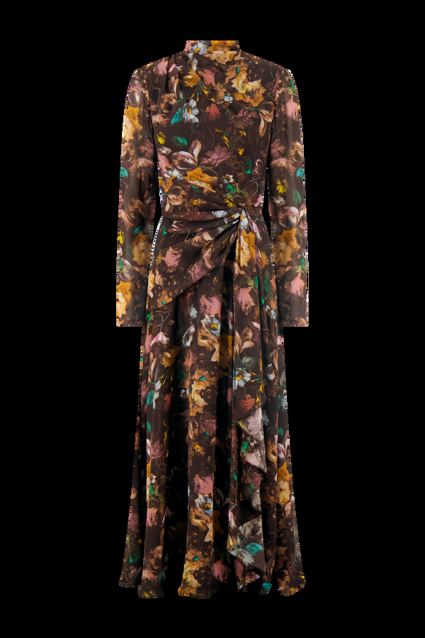 Lela Rose Floral Printed Jersey Long Sleeve Draped Front Dress Brown Multi