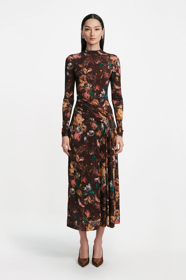 lela rose Floral Printed Jersey Long Sleeve Draped Front Dress Brown Multi