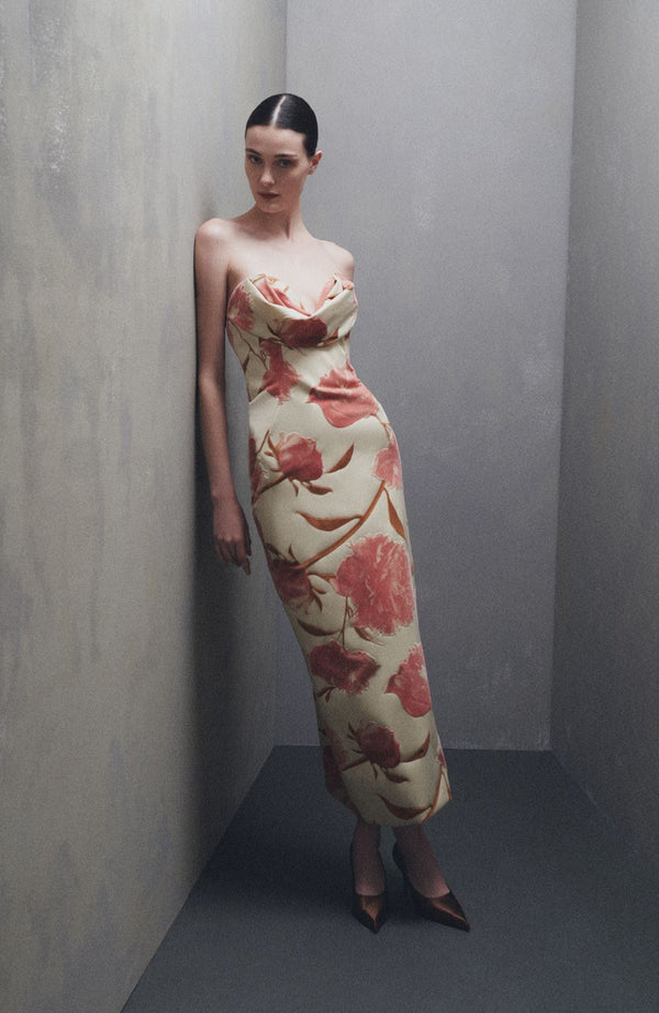 Lela Rose Floral Velvet Draped Bust Sheath Pink Multi