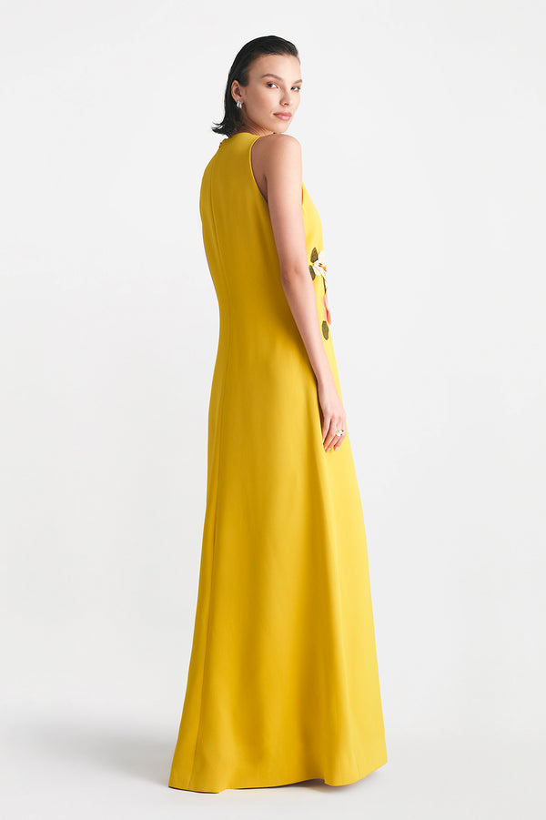 Lela Rose Fluid Crepe Floral Embroidery Francie Gown Mustard Multi
