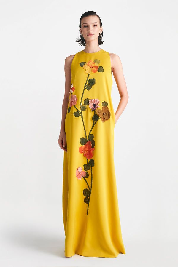 lela rose Fluid Crepe Floral Embroidery Francie Gown Mustard Multi