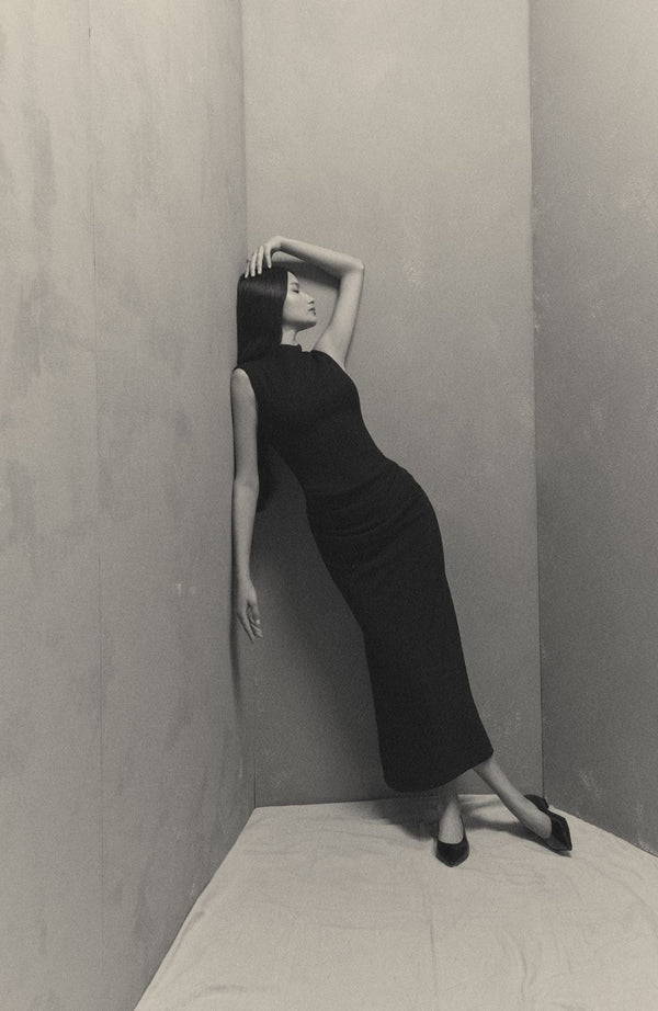 Lela Rose Fluid Crepe/Wool Crepe Combo Sleeveless Cummerbund Dress Black/Black