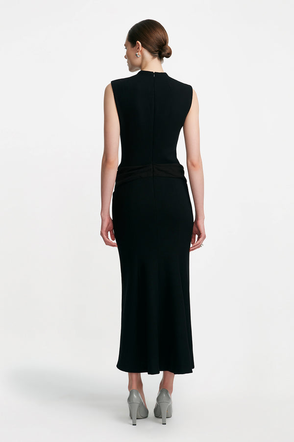 Lela Rose Fluid Crepe/Wool Crepe Combo Sleeveless Cummerbund Dress Black/Black