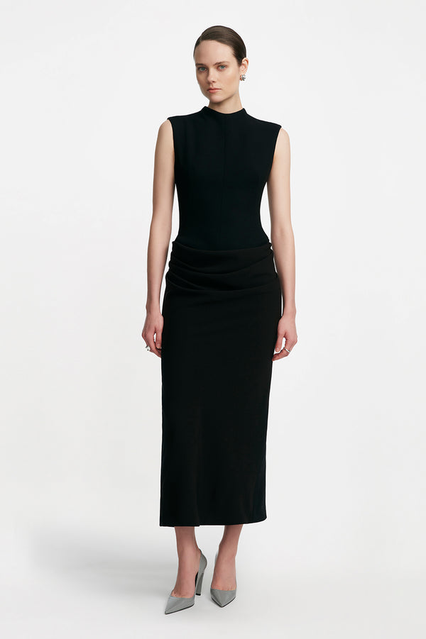 lela rose Fluid Crepe/Wool Crepe Combo Sleeveless Cummerbund Dress Black/Black