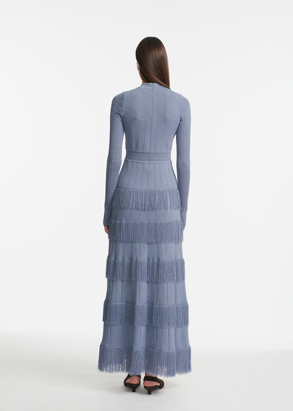 Lela Rose Fringe Detail Knit Piper Dress Cornflower