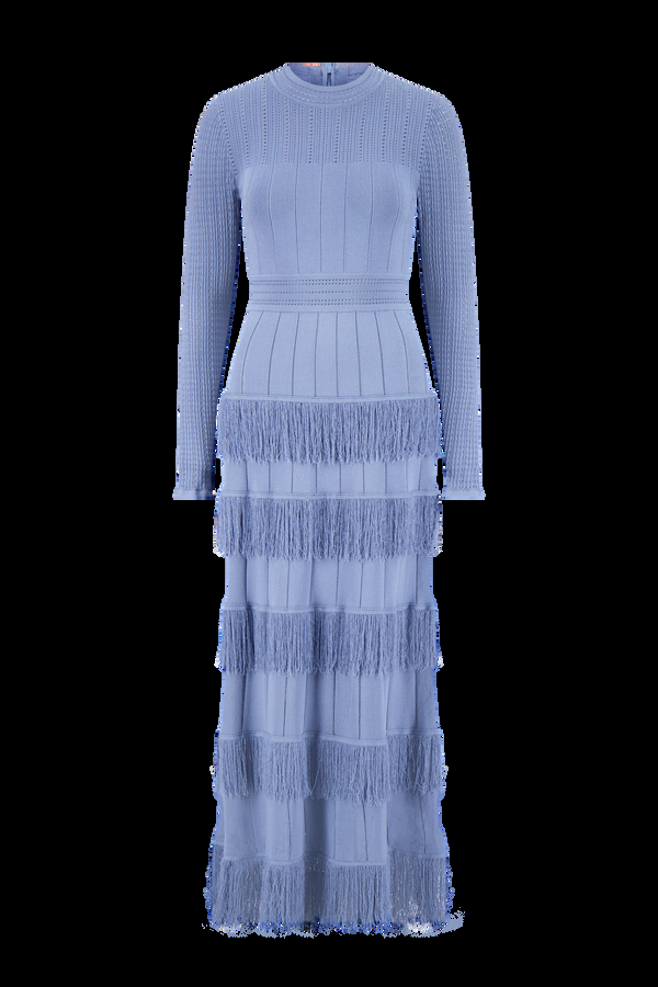 Lela Rose Fringe Detail Knit Piper Dress Cornflower