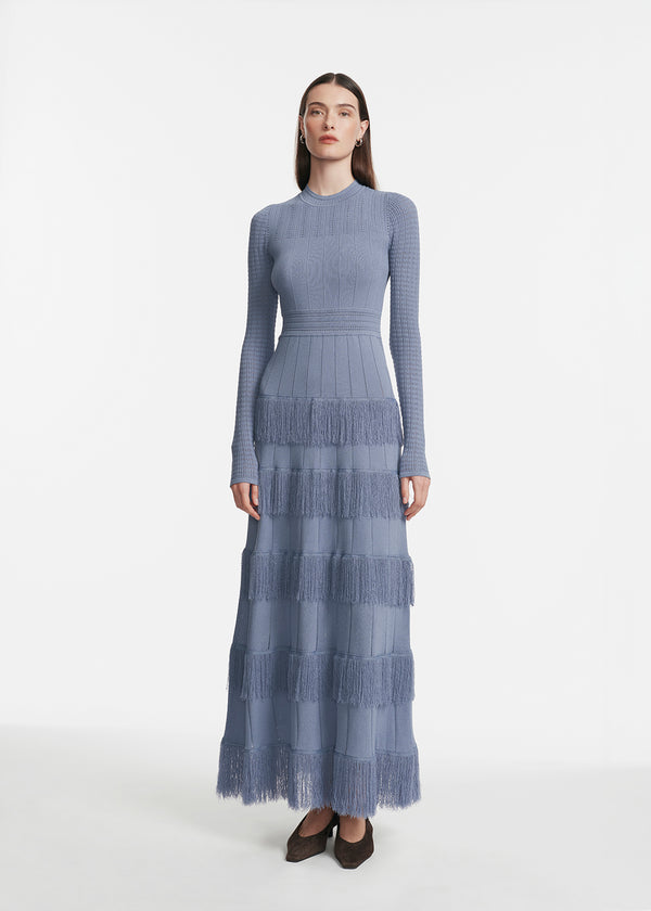 lela rose Fringe Detail Knit Piper Dress Cornflower