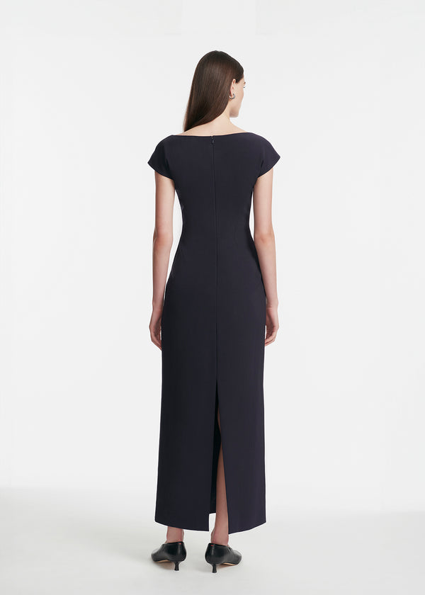 Lela Rose Ikat Floral Embroidered Fluid Crepe Dress Navy/Blue