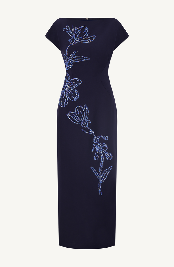 Lela Rose Ikat Floral Embroidered Fluid Crepe Dress Navy/Blue
