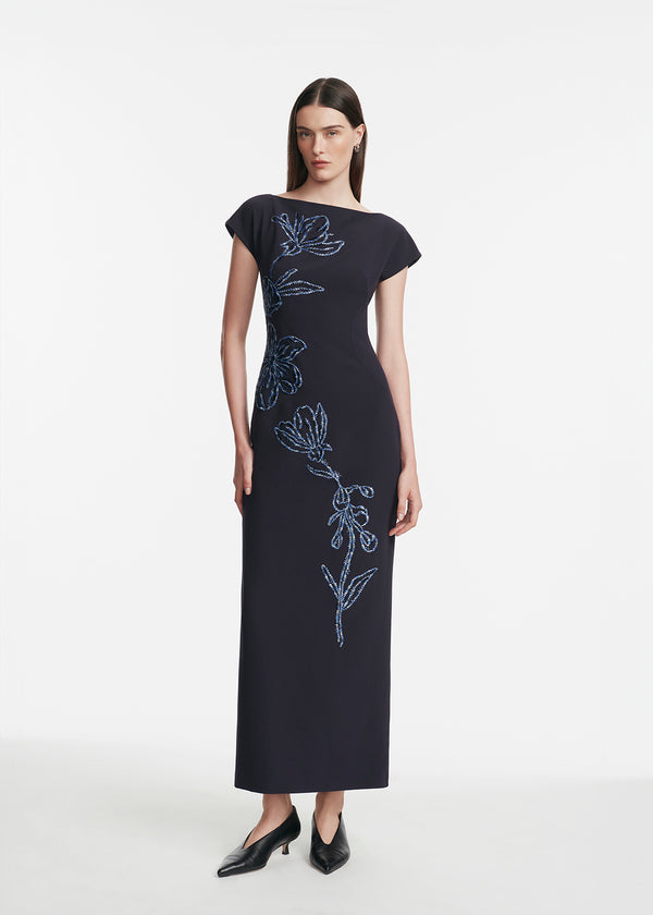lela rose Ikat Floral Embroidered Fluid Crepe Dress Navy/Blue