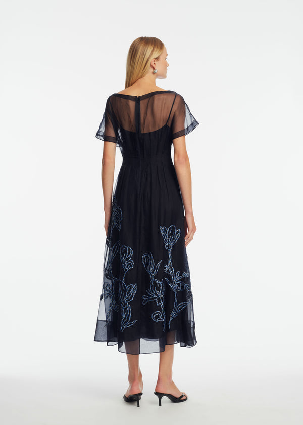Lela Rose Ikat Floral Embroidered Organza Dress Navy/Blue