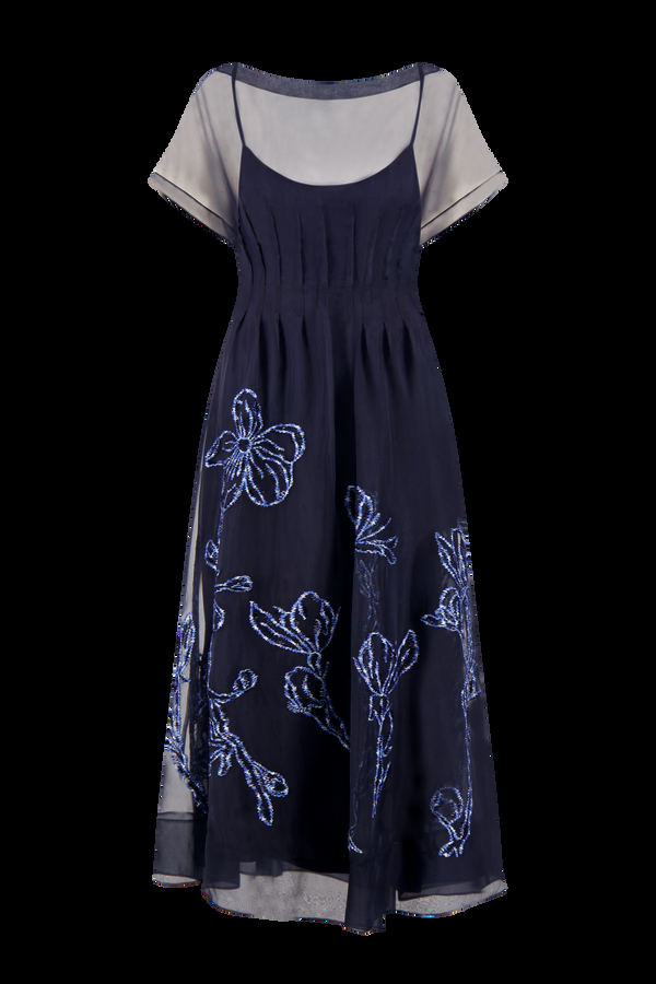 Lela Rose Ikat Floral Embroidered Organza Dress Navy/Blue