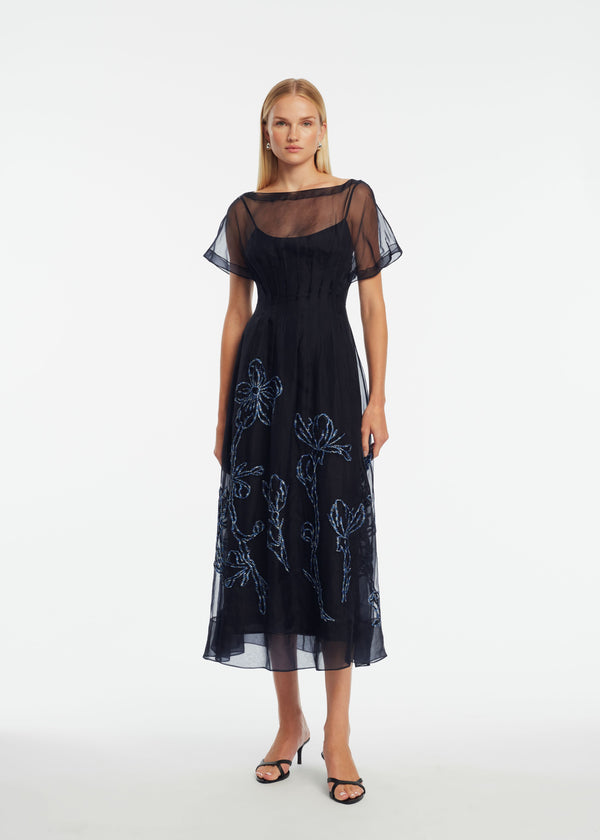 lela rose Ikat Floral Embroidered Organza Dress Navy/Blue