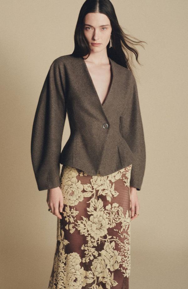 Lela Rose Boiled Wool Coating Peplum Jacket Stone