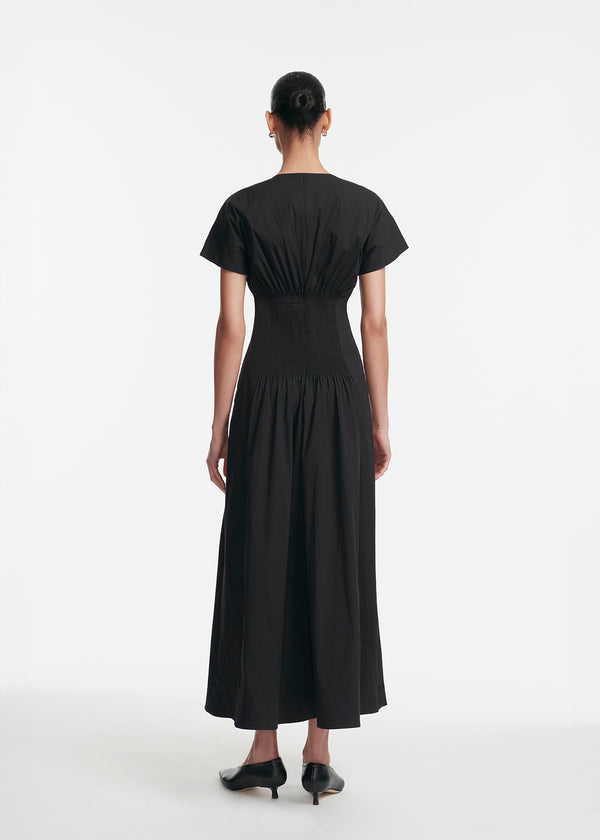 Lela Rose Cotton Poplin Smocked Back Dress Black