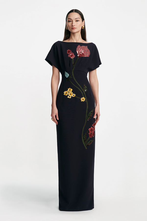 lela rose Floral Embroidery Savannah Gown Navy