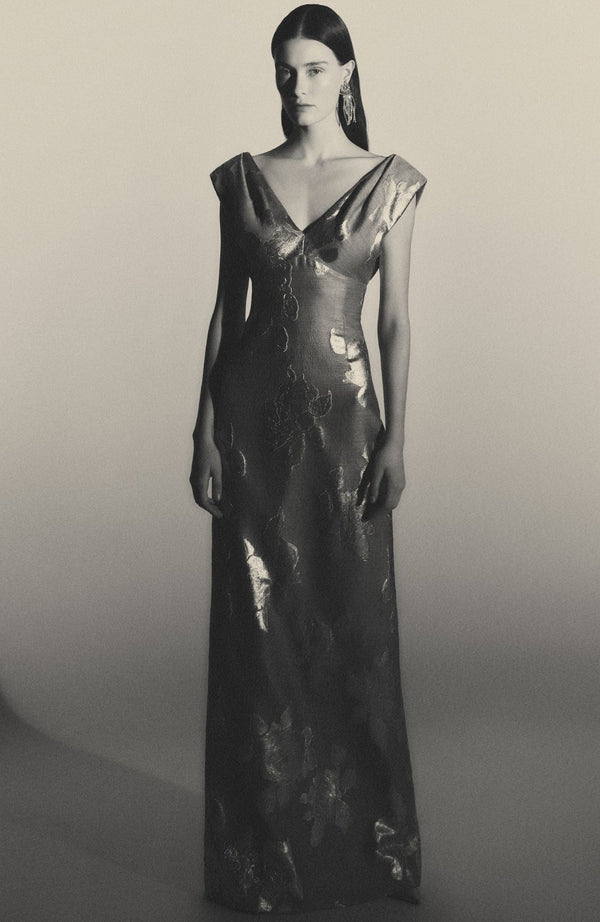 Lela Rose Floral Fil Coupe V Neck Gown Silver/Grey