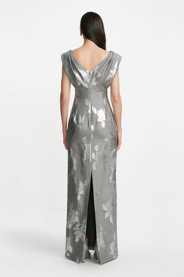 Lela Rose Floral Fil Coupe V Neck Gown Silver/Grey