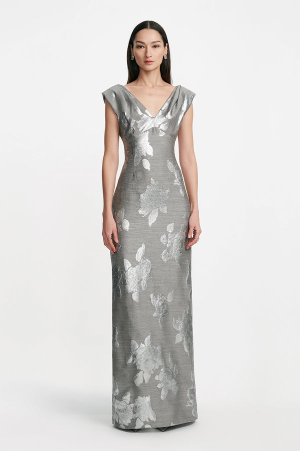 lela rose Floral Fil Coupe V Neck Gown Silver/Grey