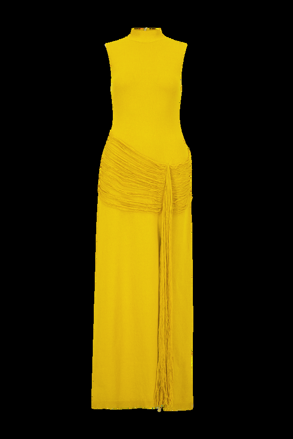 lela rose Fringe Detail Knit Mock Neck Dress Ochre